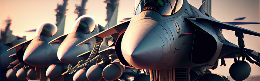 Military aircraft stands in the hangar. Military fighter aircraft on an aircraft carrier. Generative AI Art.