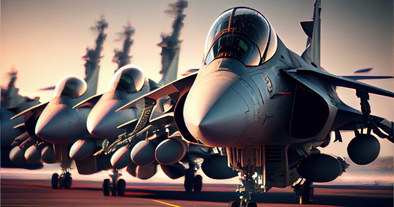 Military aircraft stands in the hangar. Military fighter aircraft on an aircraft carrier. Generative AI Art.