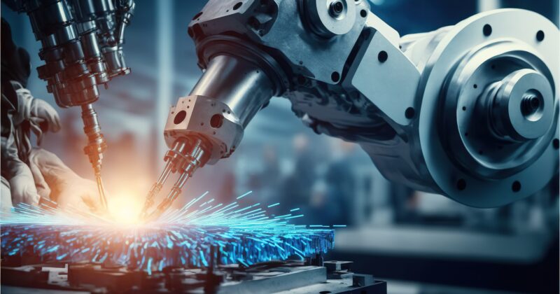 Hand of robot working steel welding building electronic machine