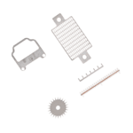 silver colored and square shaped photo etched part with holes for metal hardware